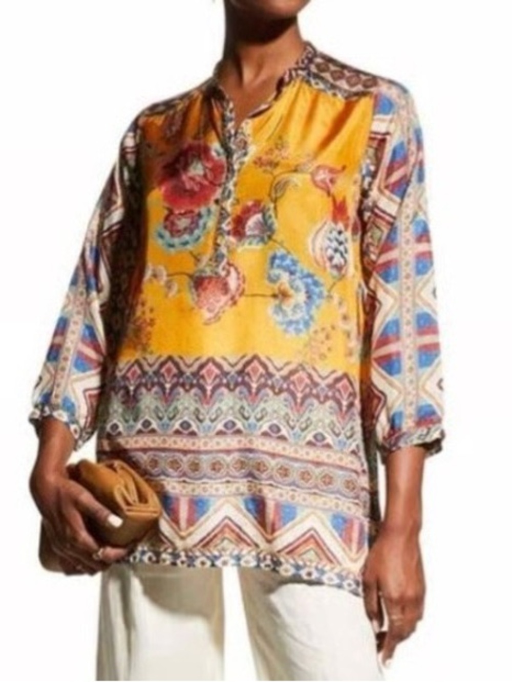 Johnny Was Sasha Maine silk tunic L Yellow Paisley & Floral boho artsy New
